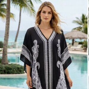 🍂 Vintage ASHRO Black & Ivory Paisley Kaftan Tunic – One Size